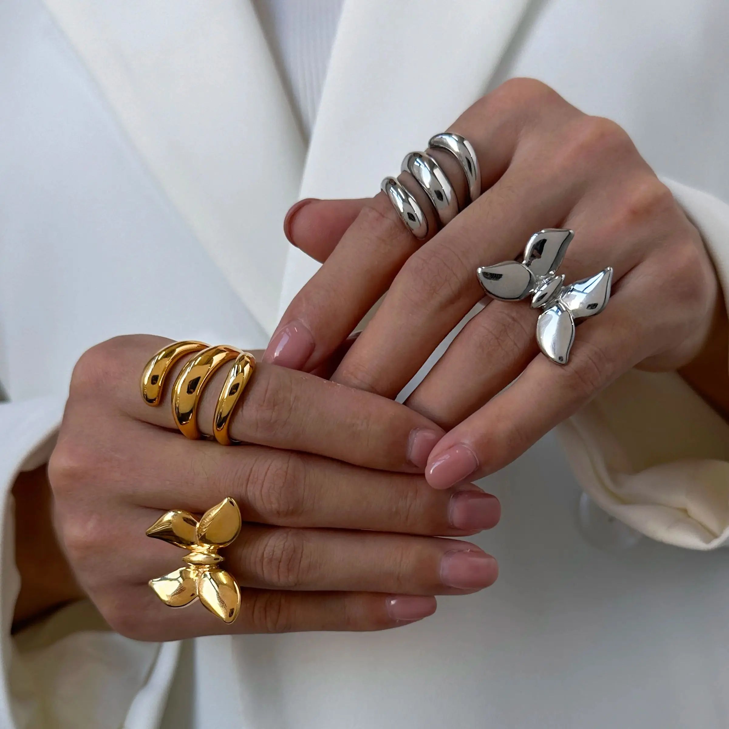 Two-Tone Butterfly Ring Stack — Stainless Steel · PS266