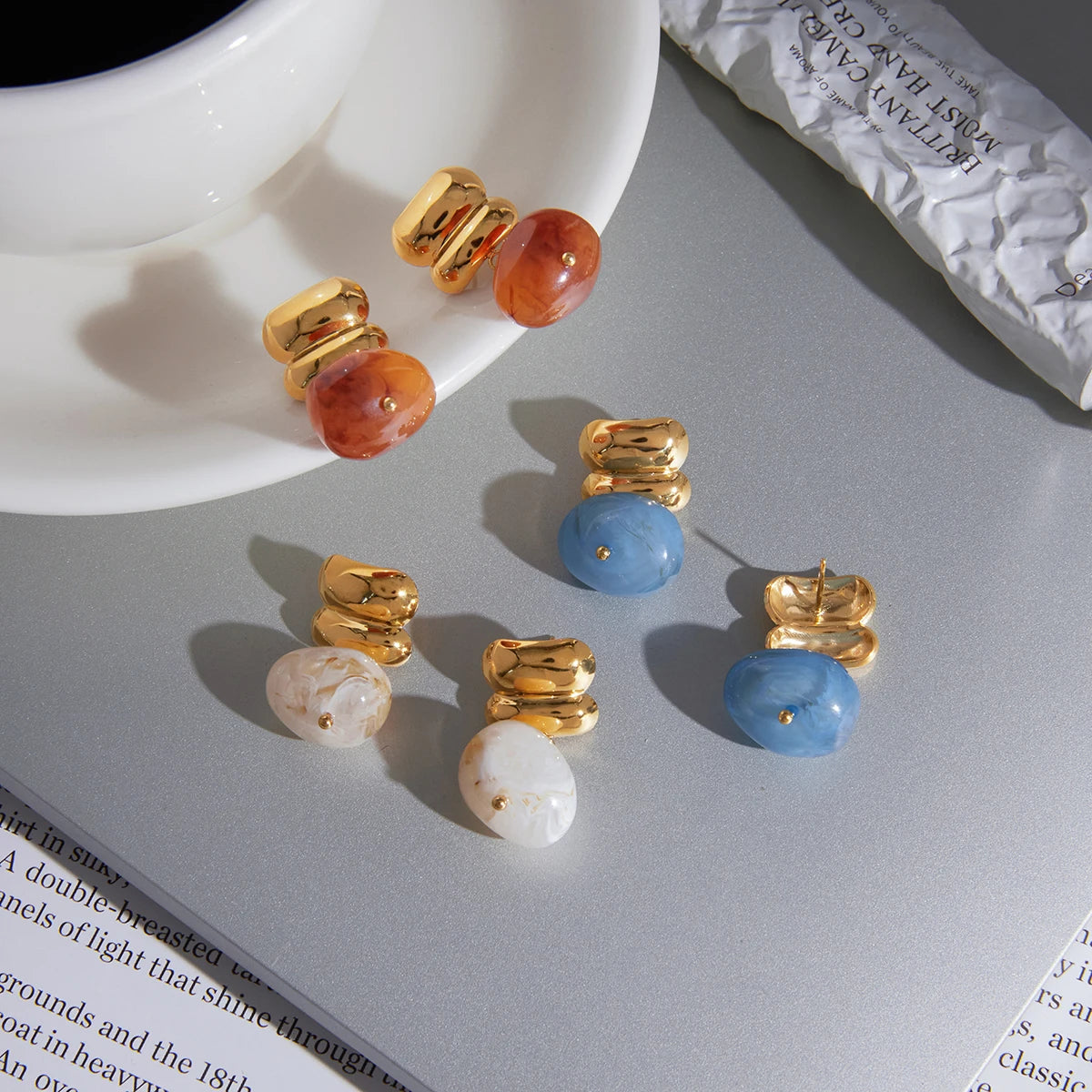 Geometric Resin Drop Earrings — 18K Gold Plated Stainless Steel · JDE0109029