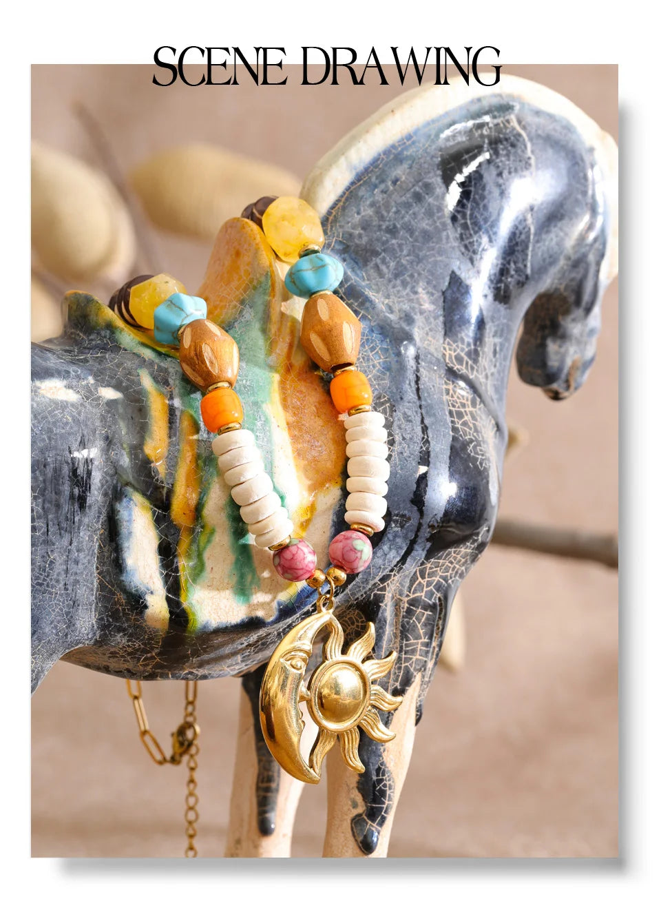 Resin natural stone moon necklace in gold-plated stainless steel with natural stone and resin.