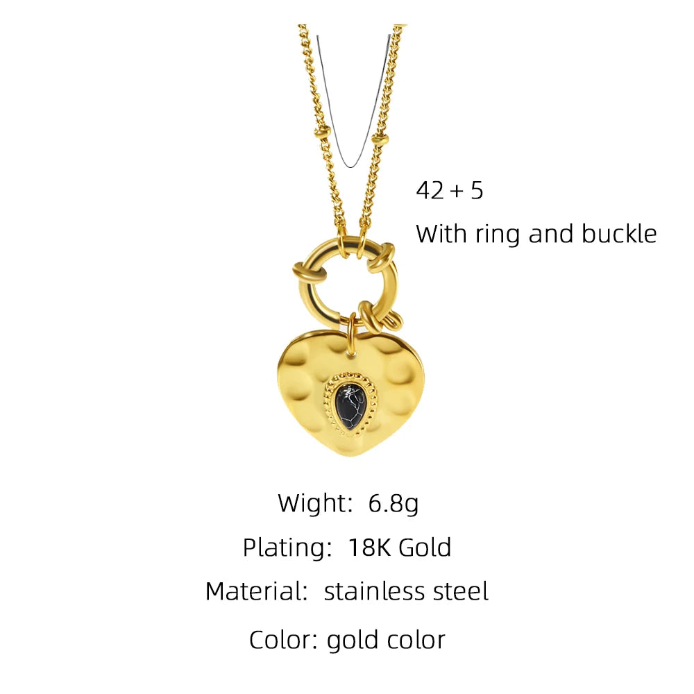 Heart Pendant Necklace Black Natural Stone Metal Texture — 316L Stainless Steel · PS467