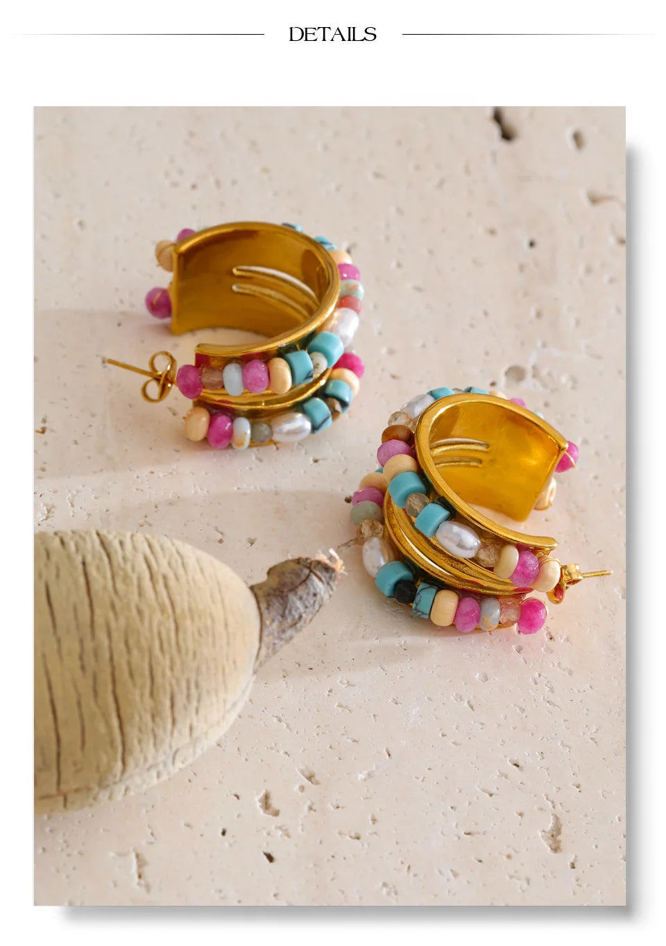 Pearl crystal natural stone earrings in gold-plated stainless steel with pearl and natural stone.
