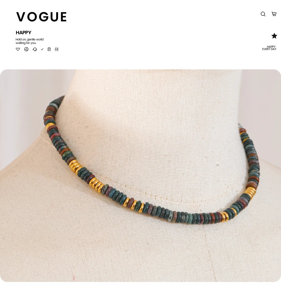 Natural stone beaded multi-color necklace in gold-plated stainless steel with natural stone.