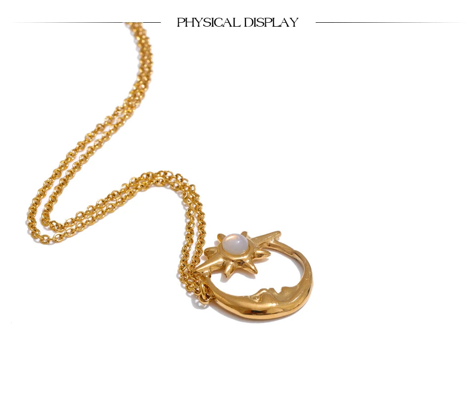 Star moon necklace in gold-plated stainless steel.