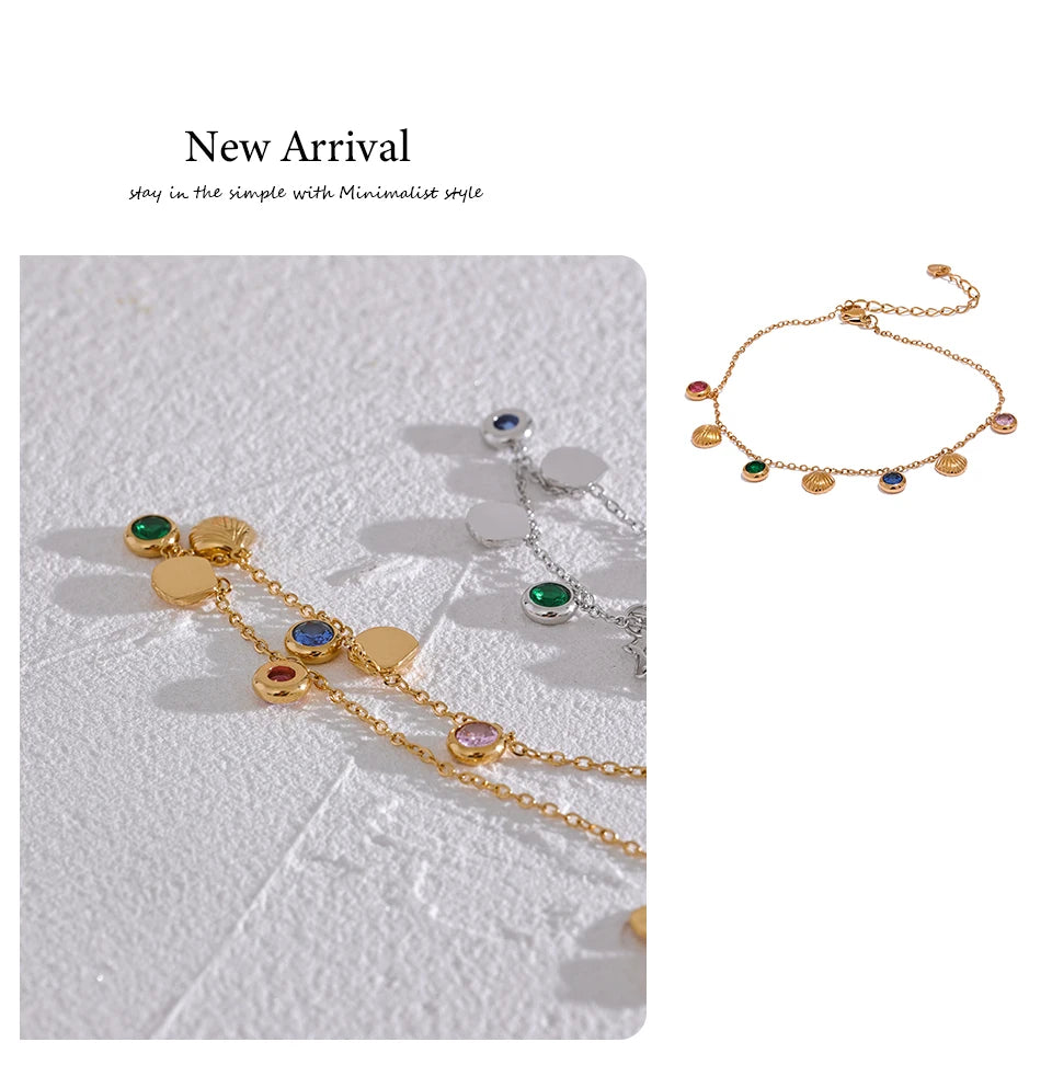 Cubic zirconia shell multi-color anklet in gold-plated stainless steel with cubic zirconia and shell.