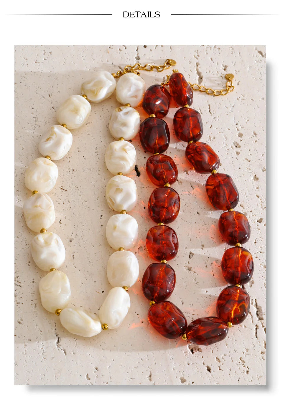 Amber resin acrylic necklace in gold-plated stainless steel with resin and acrylic.