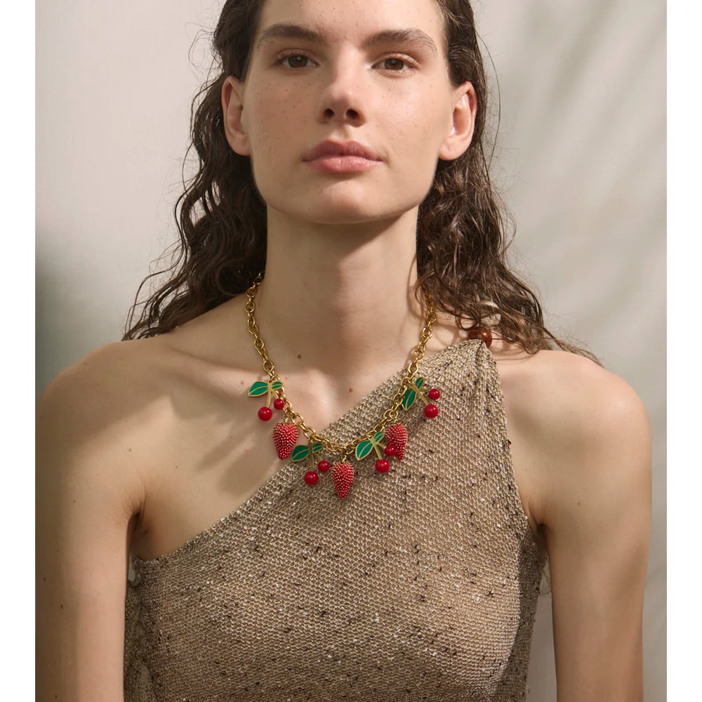 Red acrylic enamel necklace in gold-plated stainless steel with acrylic and enamel.