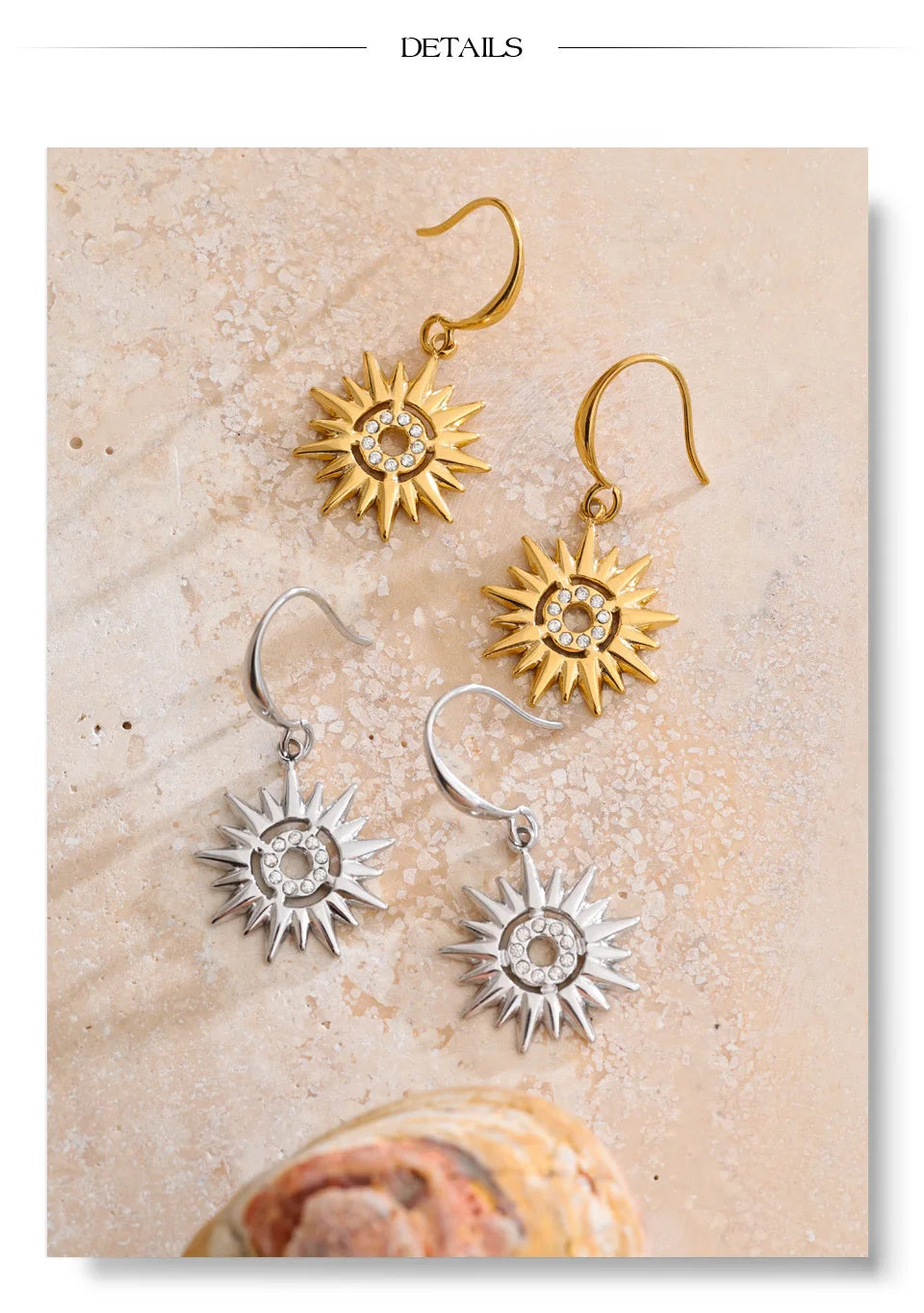 Cubic Zirconia Sun Earrings — Gold-Plated Stainless Steel with Cubic Zirconia · PS935
