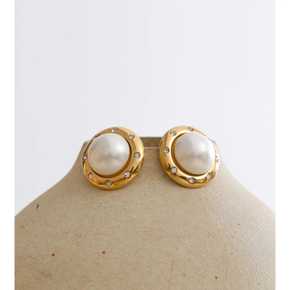 Cubic Zirconia Pearl Geometric Earrings — Gold-Plated Stainless Steel with Pearl and Cubic Zirconia · PS1536