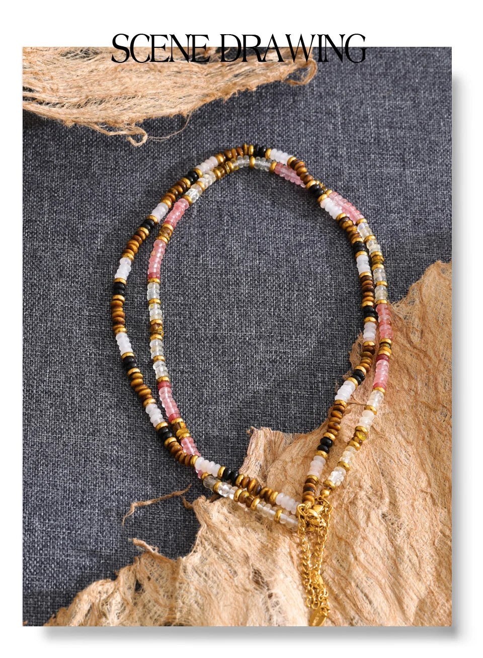 Pink natural stone beaded necklace in gold-plated stainless steel with natural stone.