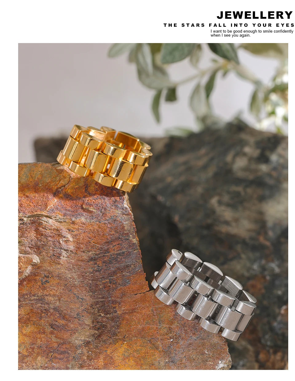 Geometric chain ring in gold-plated stainless steel.