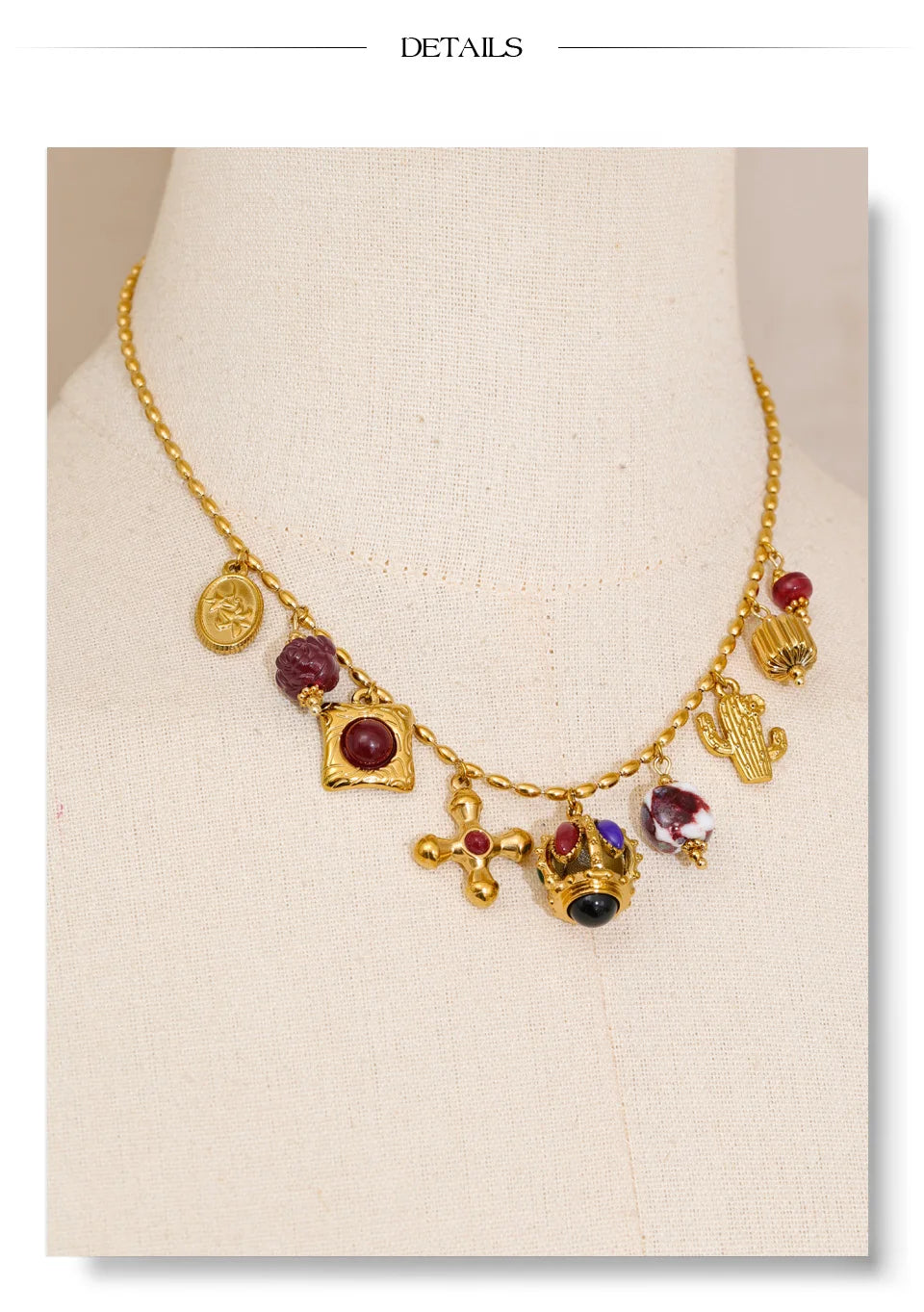 Resin acrylic cross necklace in gold-plated stainless steel with resin and acrylic.