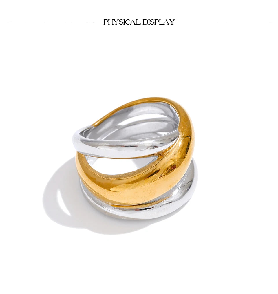 Geometric layered ring in 18K gold-plated stainless steel.