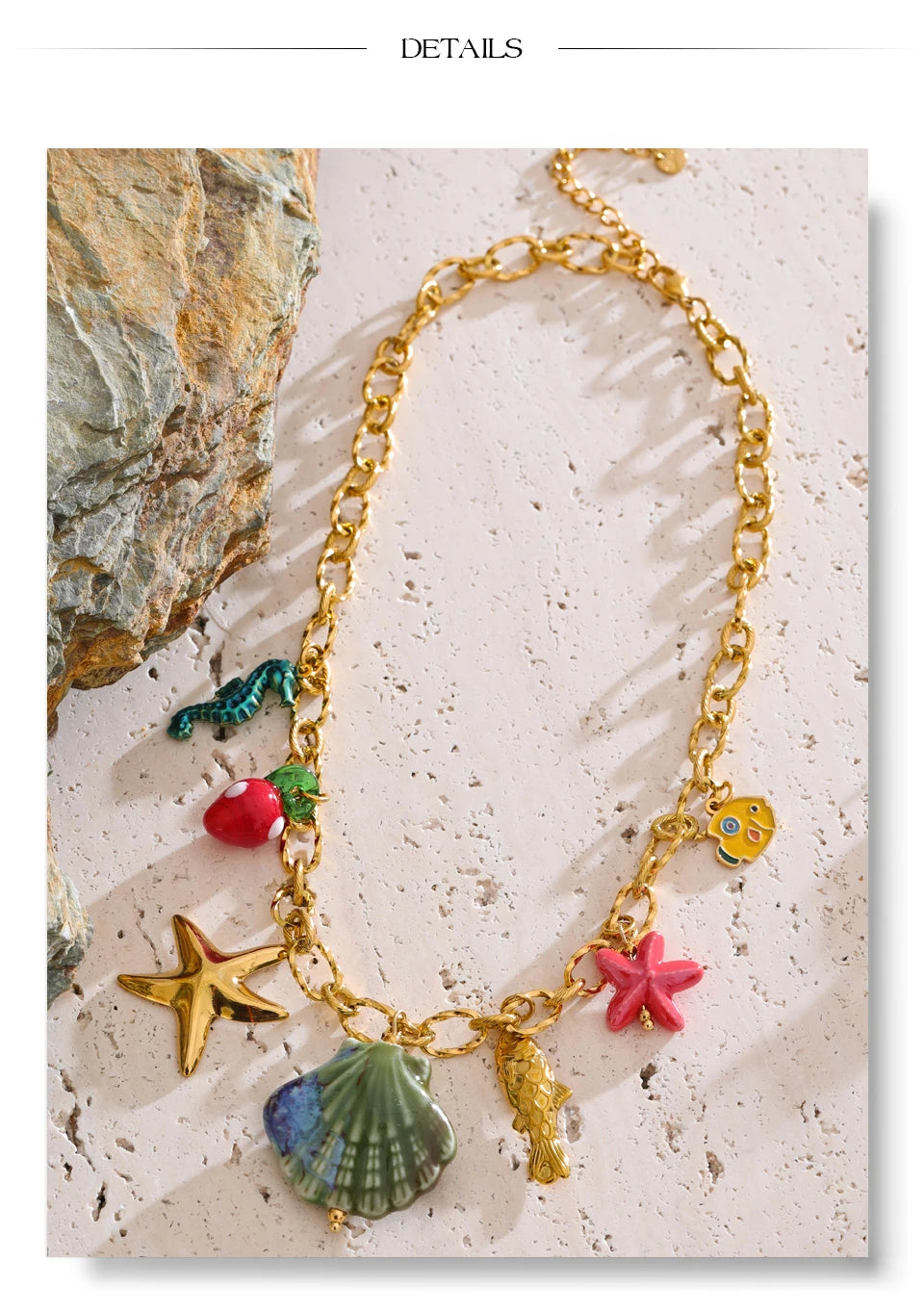 Shell enamel star necklace in gold-plated stainless steel with shell and enamel.