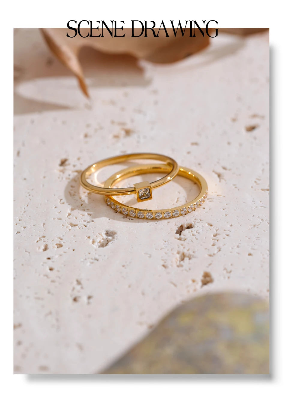 Cubic zirconia geometric ring in 18K gold-plated stainless steel with cubic zirconia.
