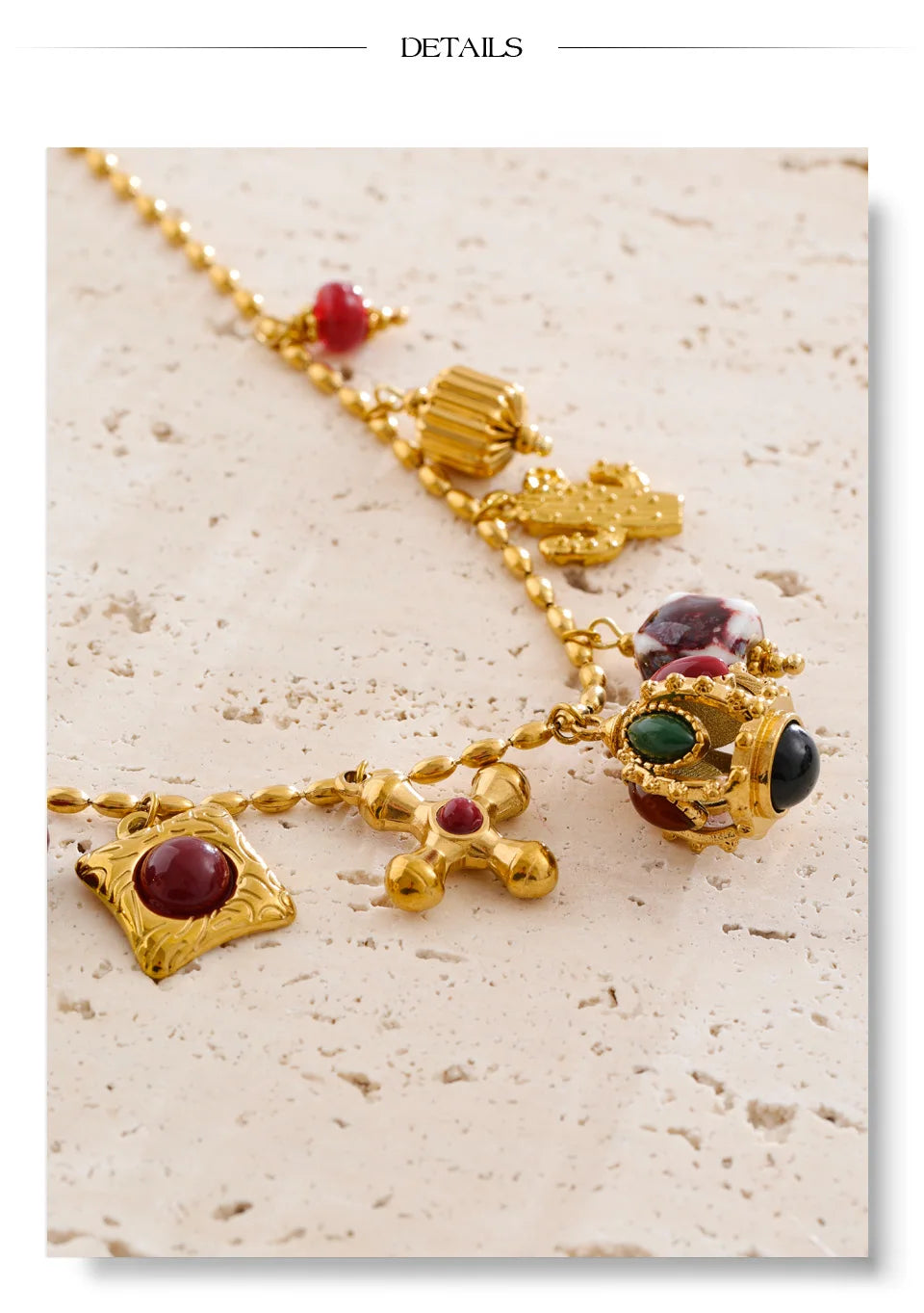 Resin acrylic cross necklace in gold-plated stainless steel with resin and acrylic.