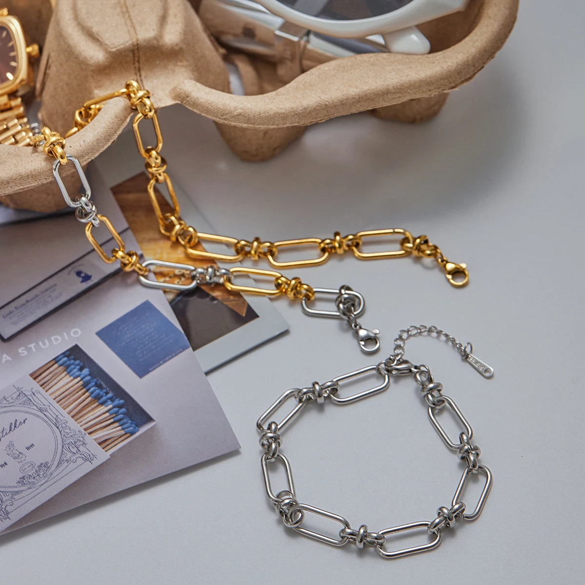 Two-Tone Paperclip Chain Bracelet Stack — Stainless Steel · PS040