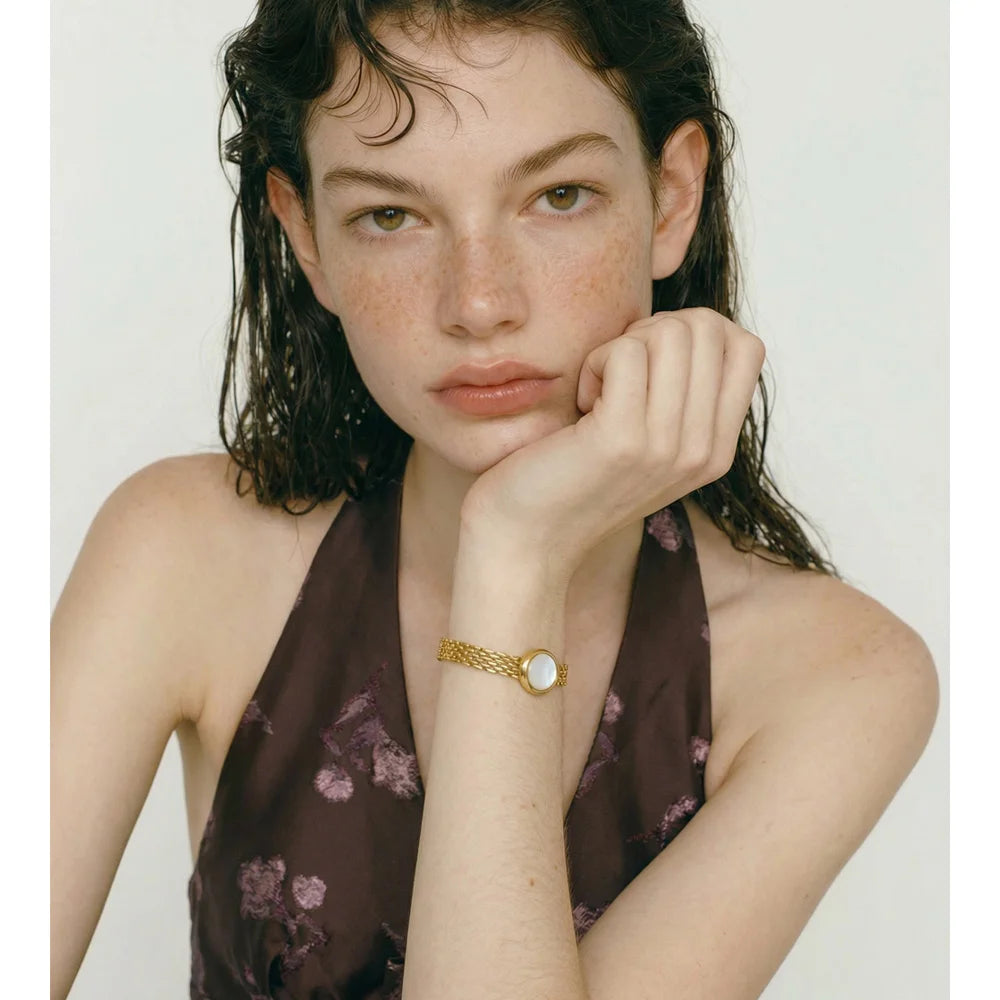 Shell Natural Stone Geometric Bracelet — Gold-Plated Stainless Steel with Natural Stone and Shell · PS1259