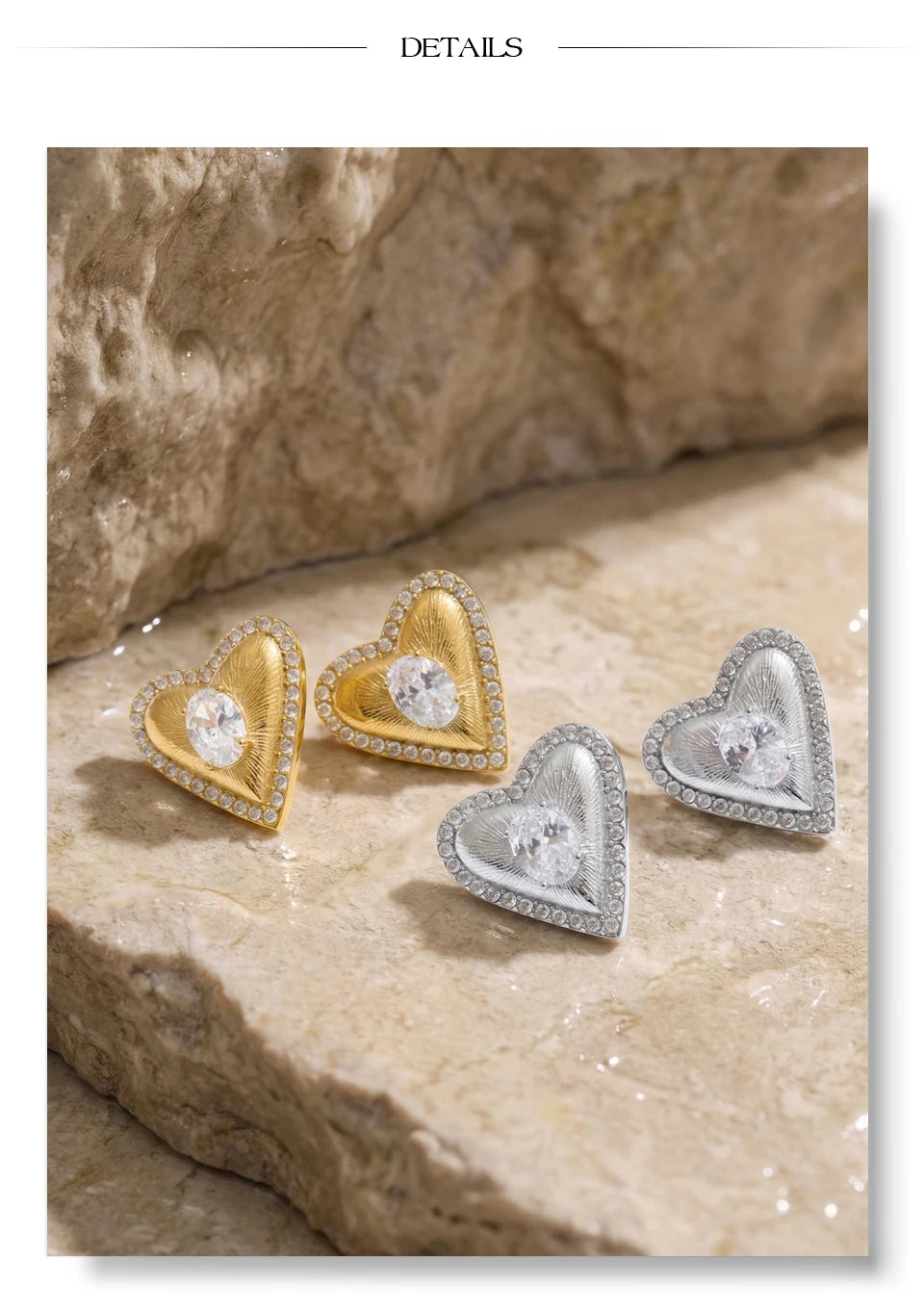 Cubic zirconia heart earrings in gold-plated stainless steel with cubic zirconia.