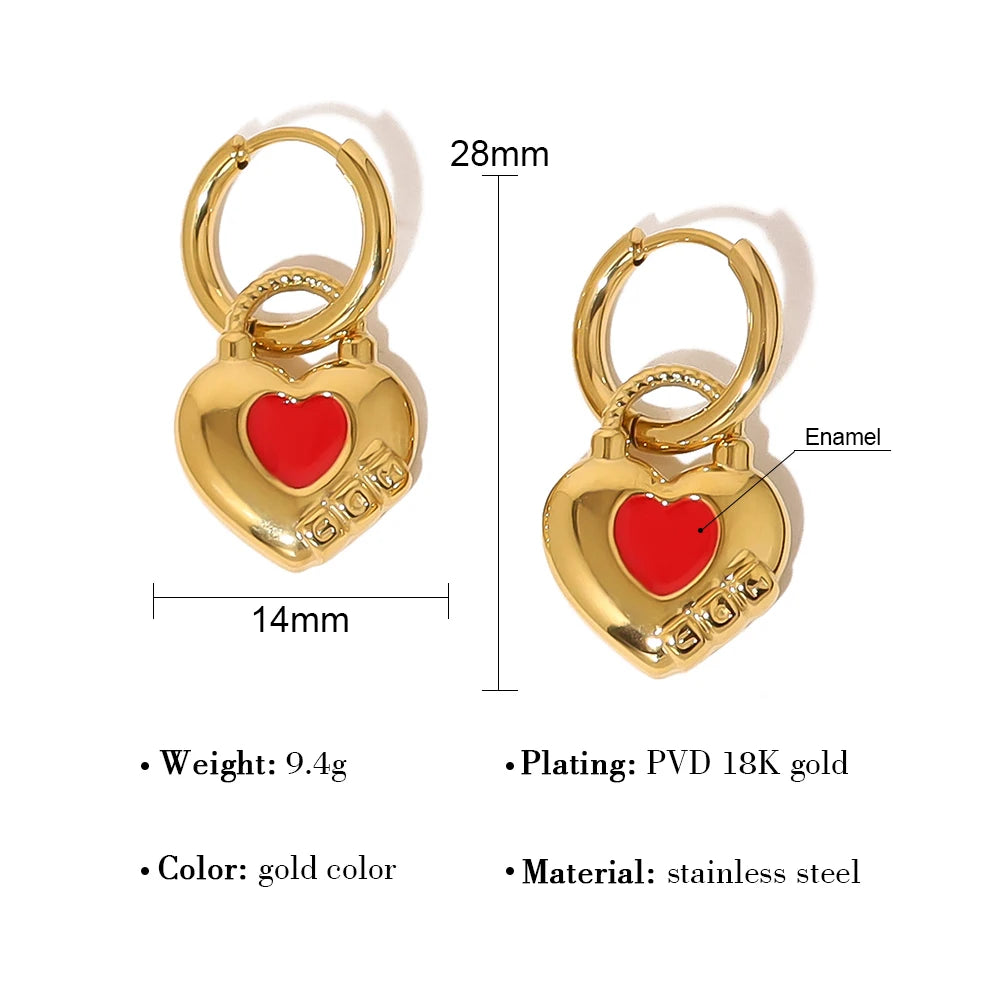 Hoop Earrings Red Enamel Heart — 316L Stainless Steel · PS384