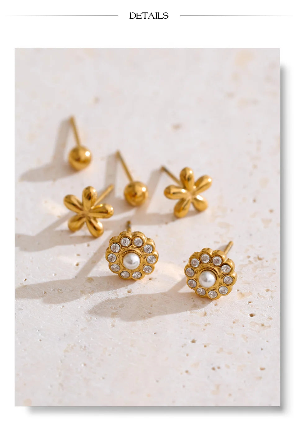 Cubic zirconia flower earrings in gold-plated stainless steel with cubic zirconia.