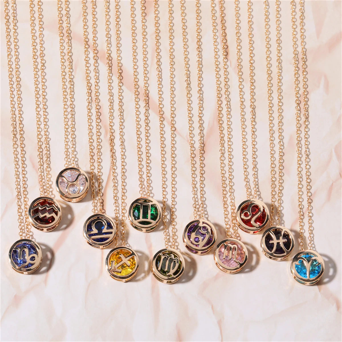Double hollowed-out twelve constellation necklace hollowed-out zircon pendant clavicle chain plated real gold color