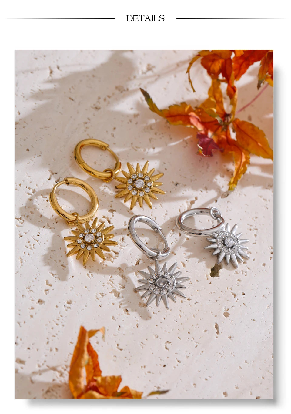 Cubic zirconia sun geometric earrings in gold-plated stainless steel with cubic zirconia.