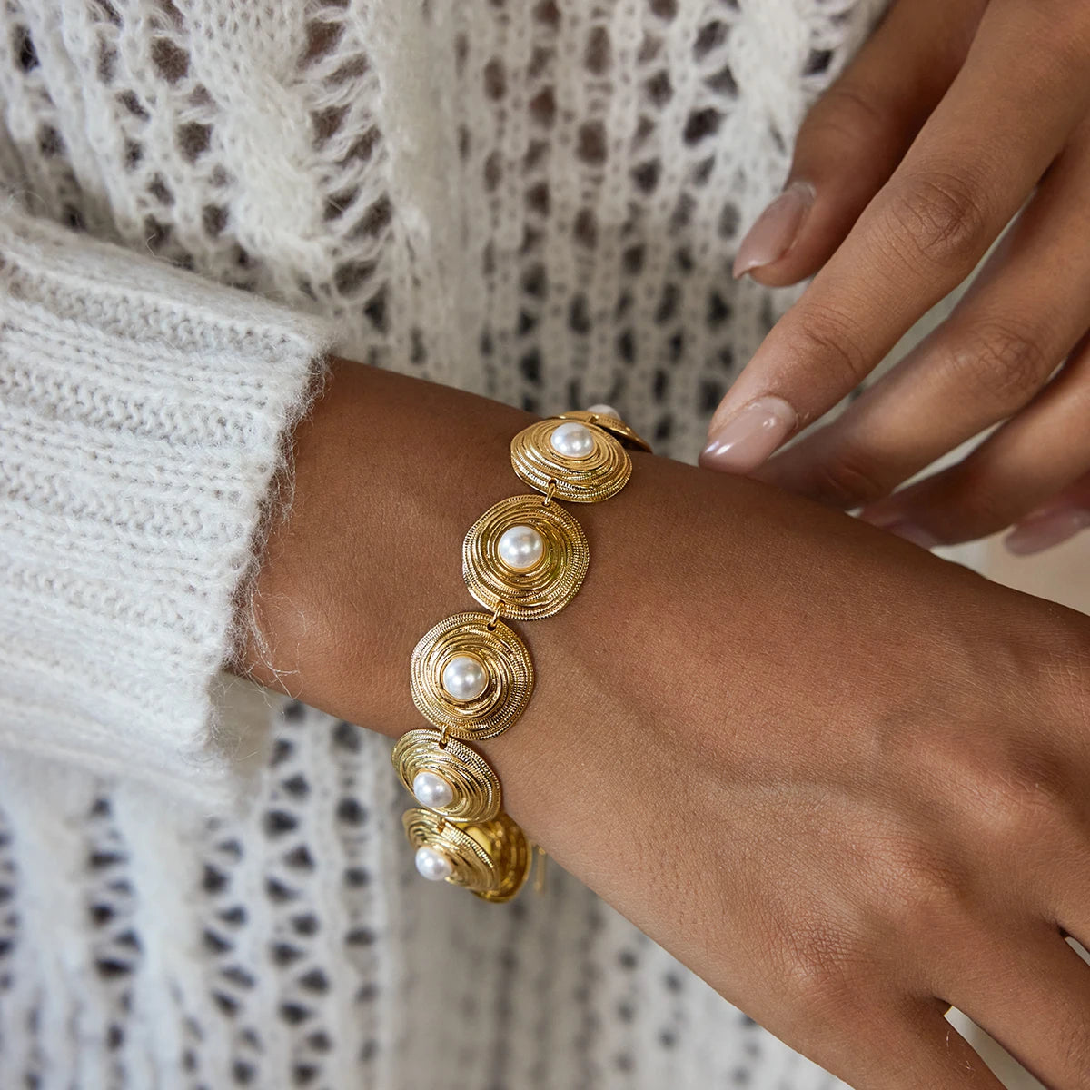 Swirl Pearl Cuff Bracelet — Stainless Steel · PS028