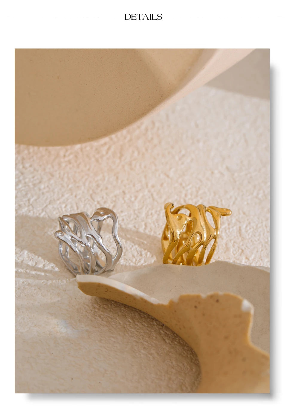 Geometric layered ring in gold-plated 316L stainless steel.