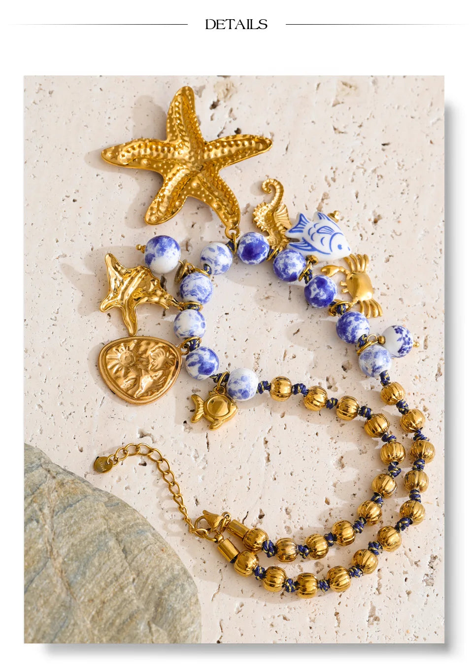 Star beaded geometric necklace in gold-plated stainless steel.