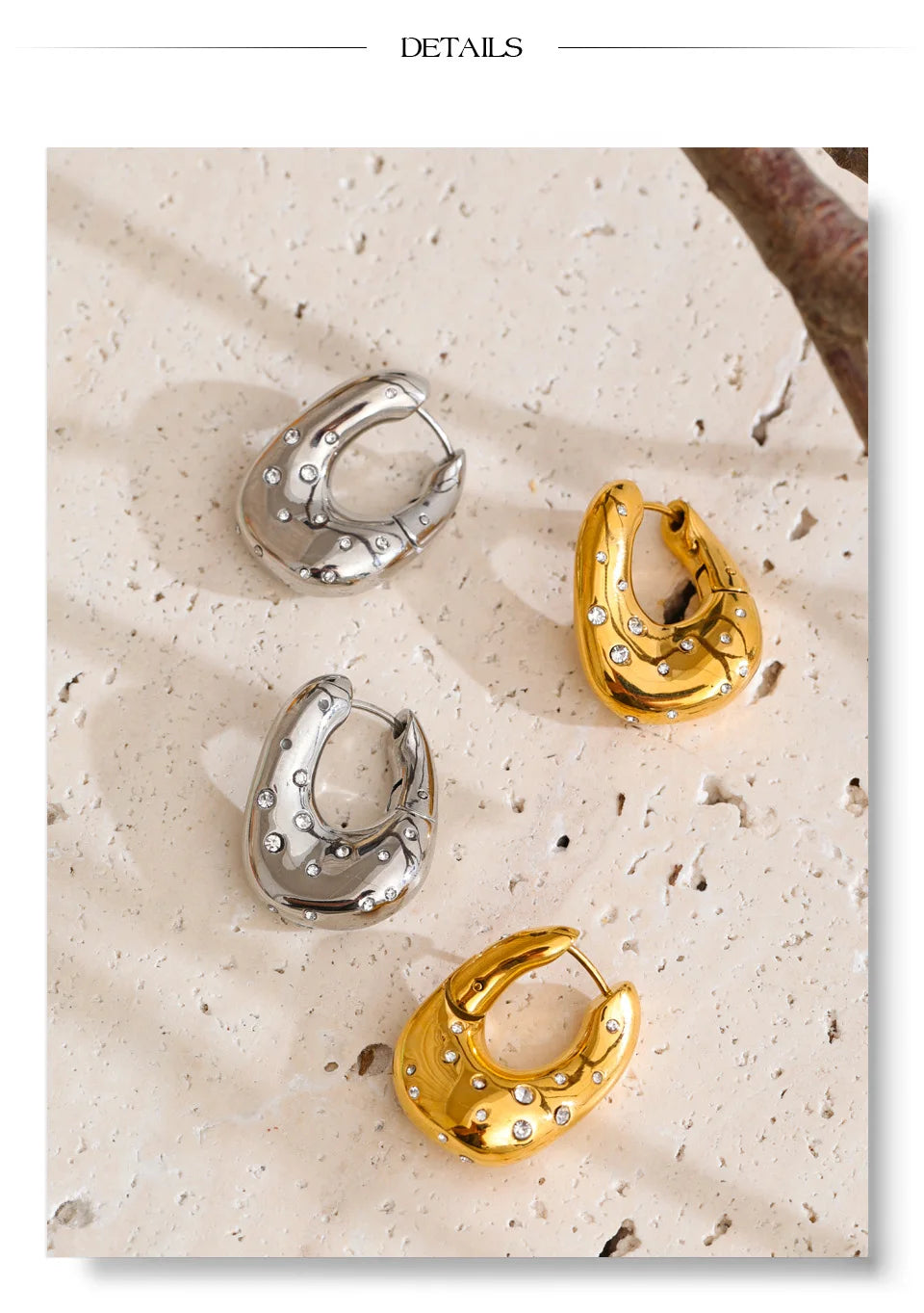 Cubic Zirconia Geometric Earrings — Gold-Plated Stainless Steel with Cubic Zirconia · PS1492