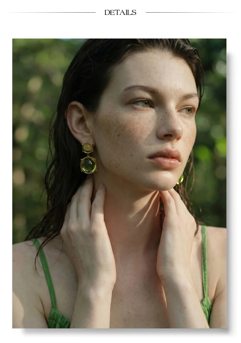 Green resin acrylic earrings in gold-plated stainless steel with resin and acrylic.