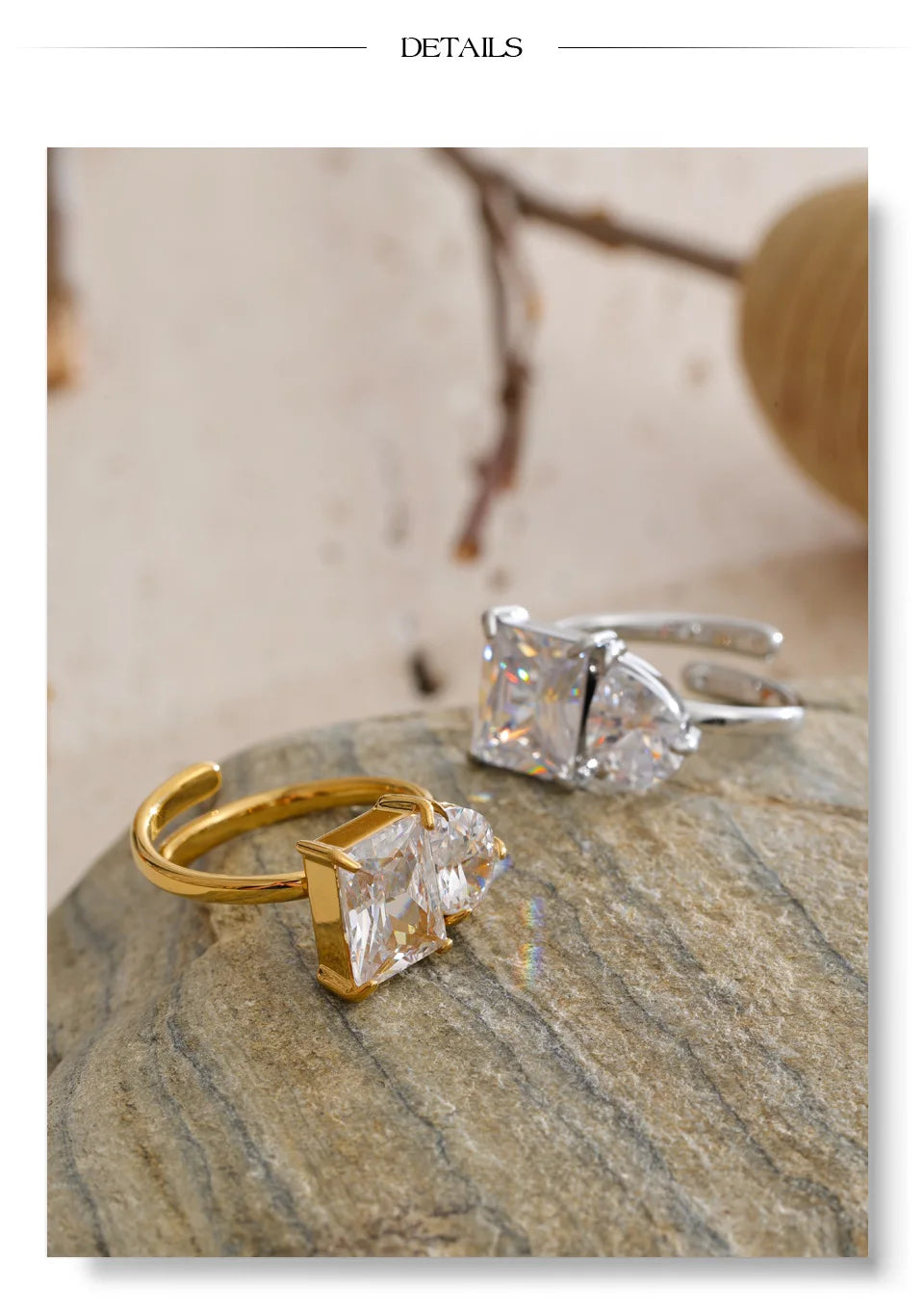 Cubic zirconia geometric ring in 18K gold-plated stainless steel with cubic zirconia.