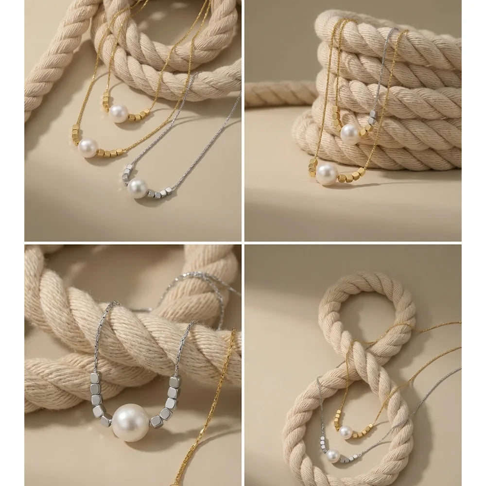 Freshwater pearl geometric necklace in gold-plated stainless steel with freshwater pearl.