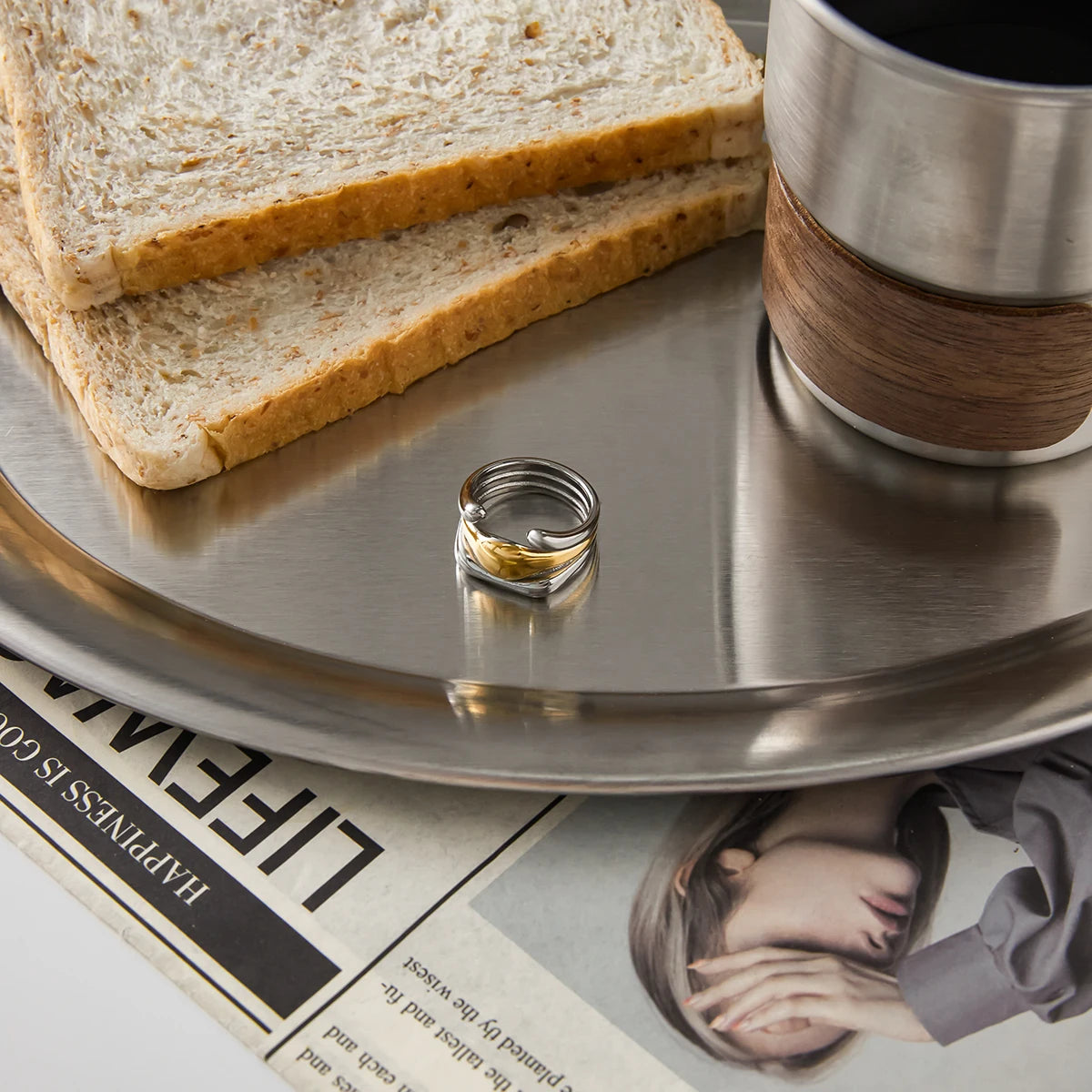 Two-Tone Irregular Layered Ring — Stainless Steel · PS365