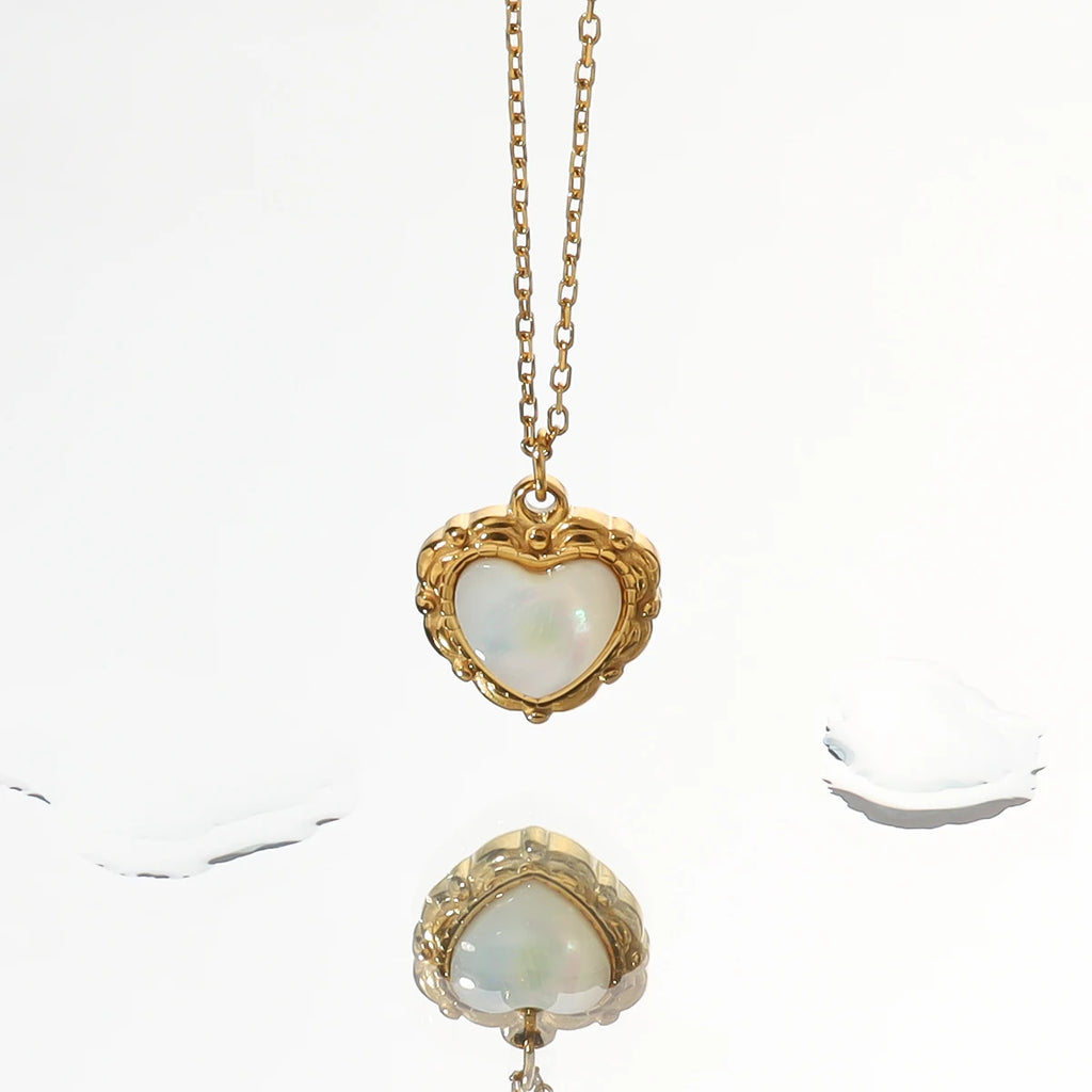 Pendant Necklace White Shell Heart Charm — 316L Stainless Steel · PS413