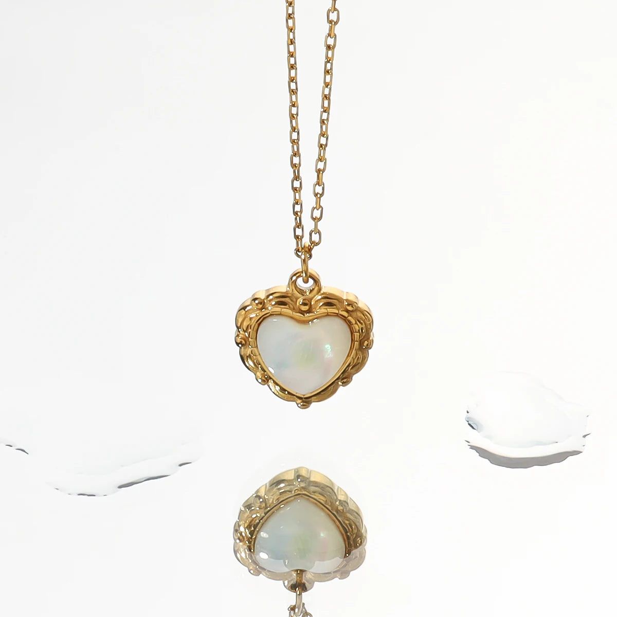 Pendant Necklace White Shell Heart Charm — 316L Stainless Steel · PS413