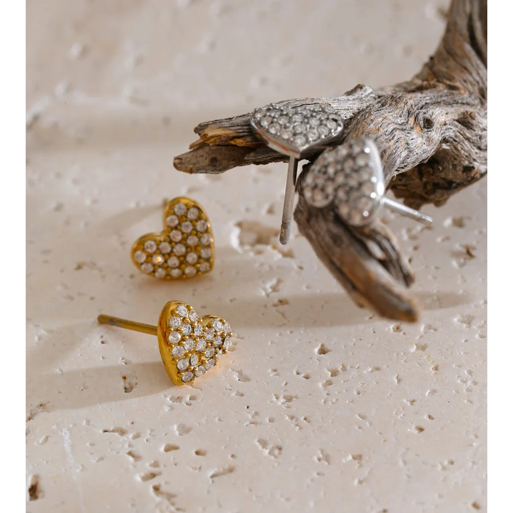 Cubic Zirconia Heart Earrings — Gold-Plated Stainless Steel with Cubic Zirconia · PS1324