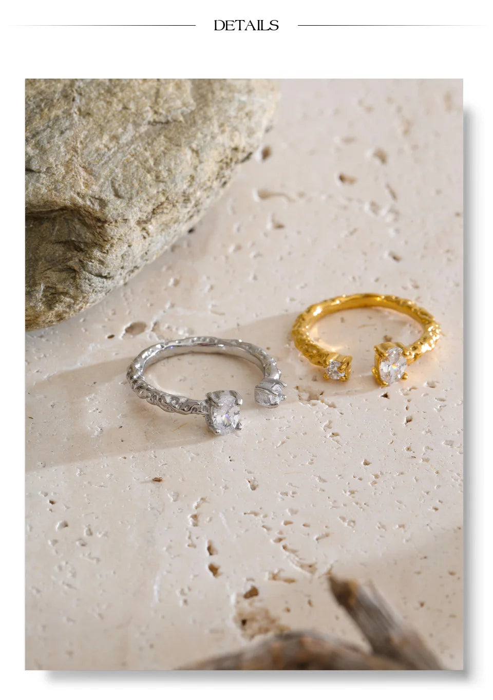 Cubic zirconia geometric ring in 18K gold-plated stainless steel with cubic zirconia.