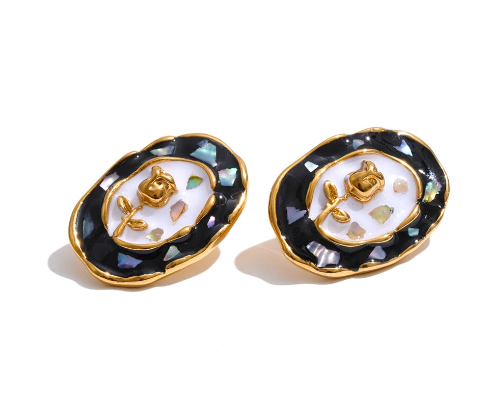 Cubic Zirconia Enamel Flower Earrings — Gold-Plated Stainless Steel with Cubic Zirconia and Enamel · PS1298