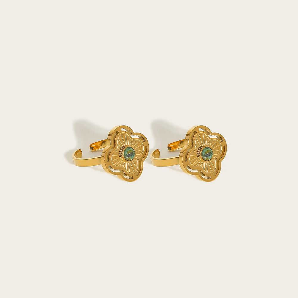 Ring Natural Stone Inlaid In Metal Texture Flowers — 316L Stainless Steel · PS461