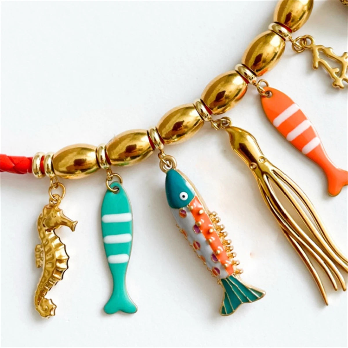 Seahorse Octopus Conch Clown Fish Multi Pendant Necklace Women's Gold Plated Color Preserved