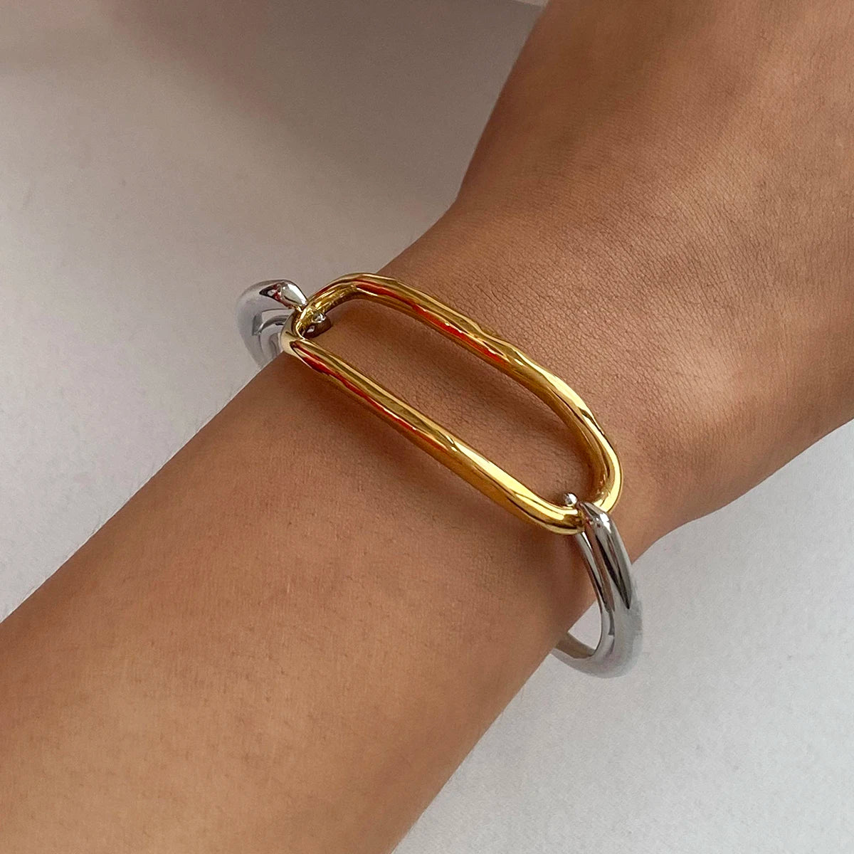 Two-Tone Oval Link Cuff Bracelet — Stainless Steel · PS043
