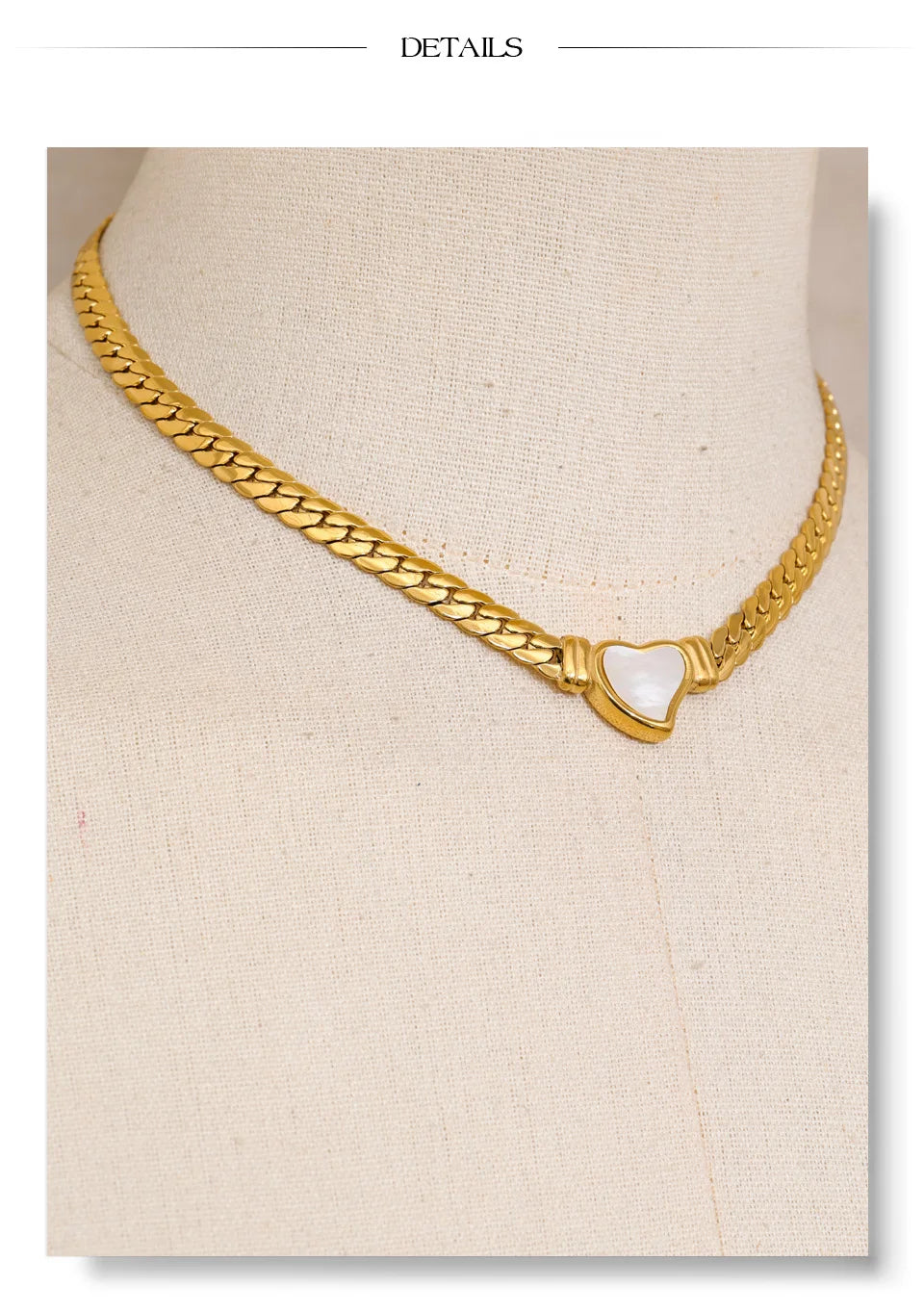 Shell heart chain necklace in gold-plated stainless steel with shell.