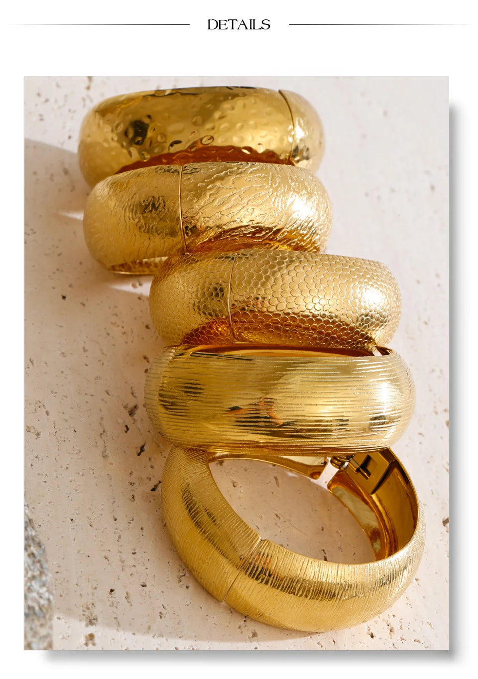 Hammered geometric bracelet in gold-plated stainless steel.