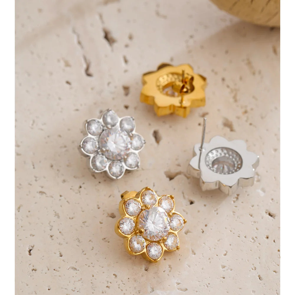 Cubic Zirconia Flower Earrings — Gold-Plated Stainless Steel with Cubic Zirconia · PS1570