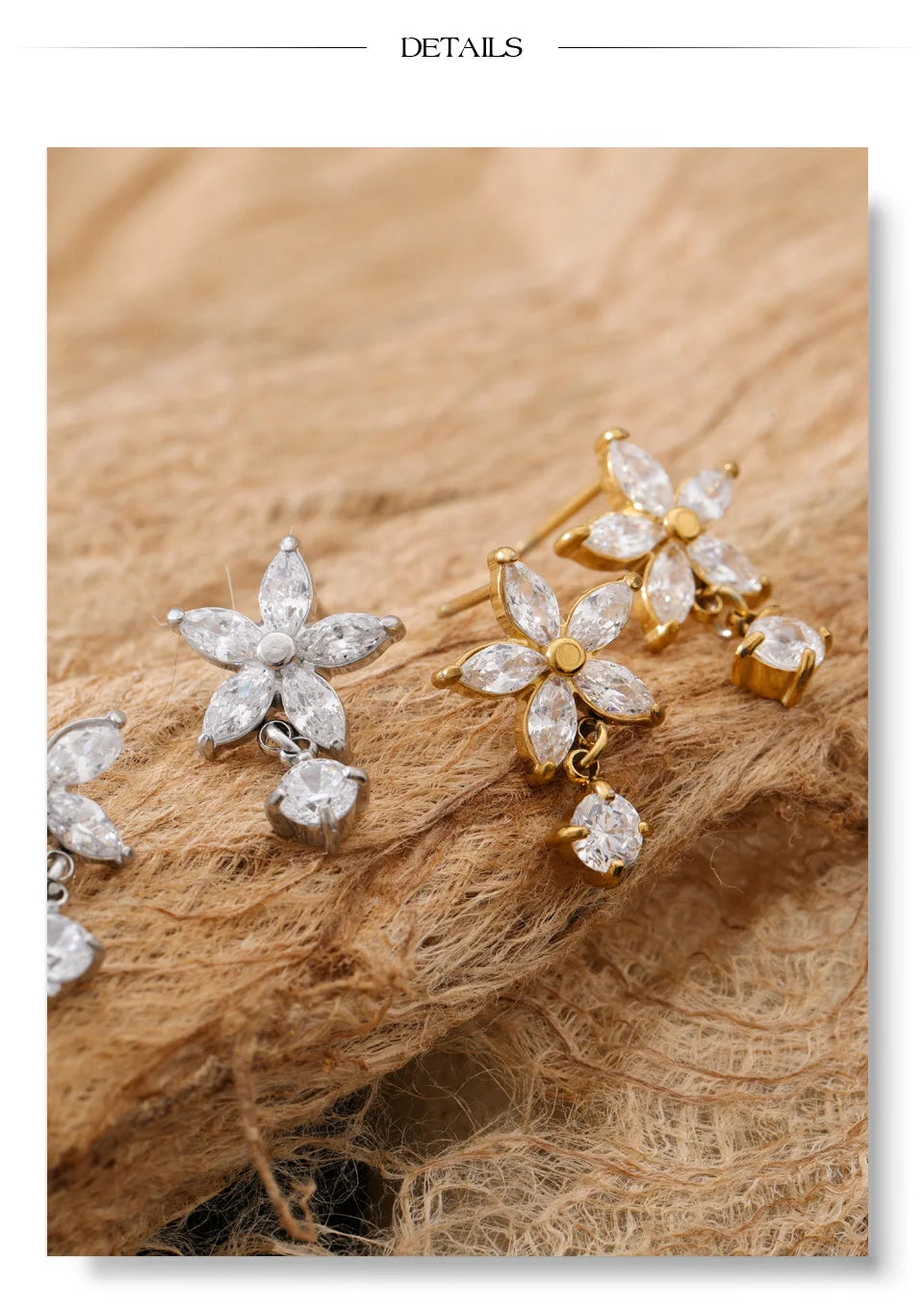 Cubic Zirconia Flower Earrings — Gold-Plated Stainless Steel with Cubic Zirconia · PS932