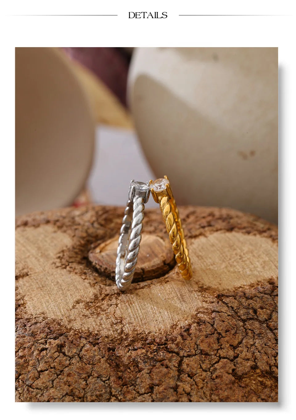 Cubic zirconia geometric ring in 18K gold-plated stainless steel with cubic zirconia.