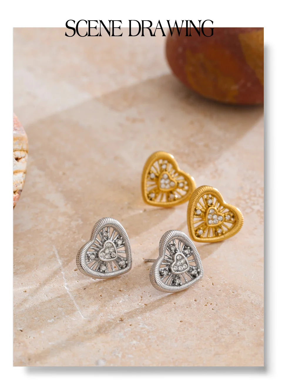 Cubic Zirconia Heart Earrings — Gold-Plated Stainless Steel with Cubic Zirconia · PS929