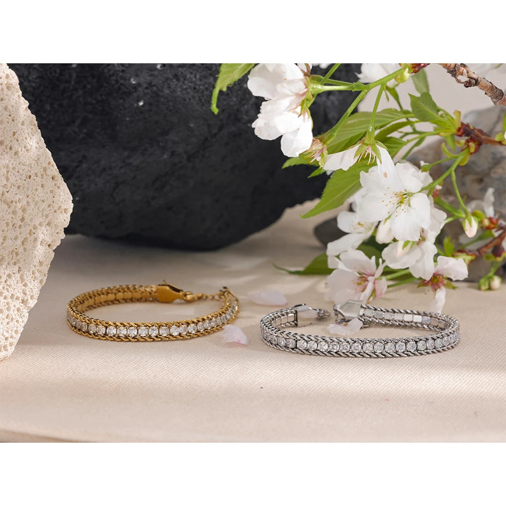 Cubic Zirconia Geometric Chain Bracelet — Gold-Plated Stainless Steel with Cubic Zirconia · PS1872