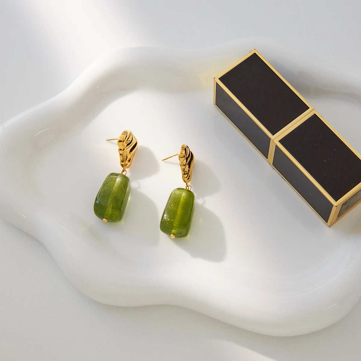Green Stone Drop Earrings — Stainless Steel · PS097